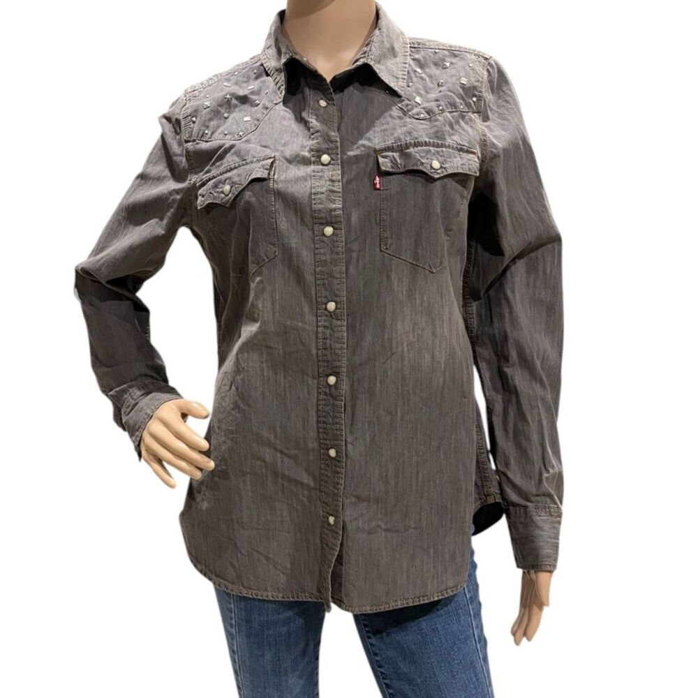 LEVI'S Women's Gray Embellished Western Shirt Snap Pearl Buttons Sz L